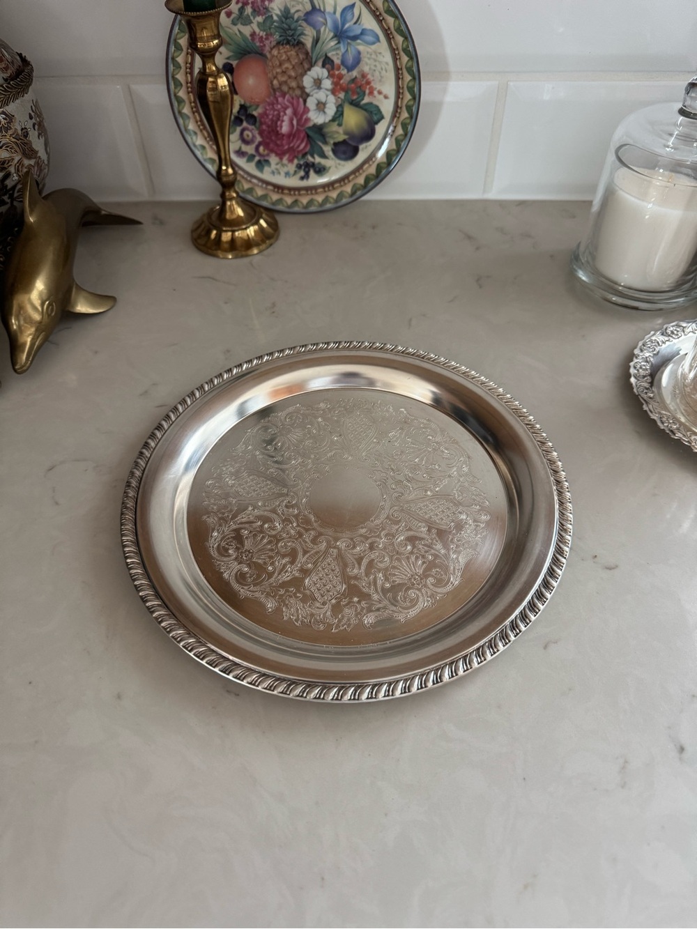 Vintage Round 10" Silver-Plated Tray Unbranded